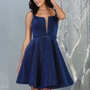 MayQueen | Royal Blue Glitter-Panel Belted Sleeveless Dress